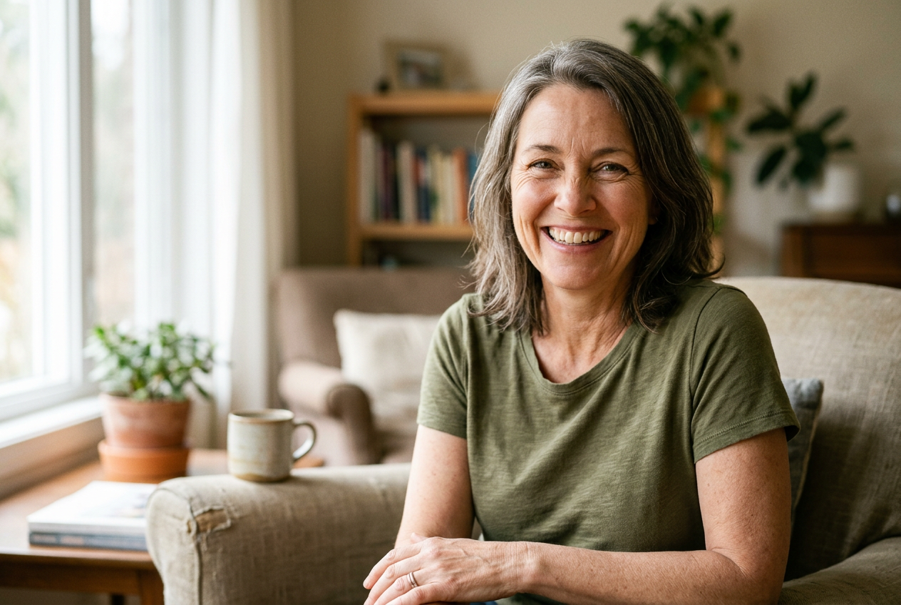 A woman smiling confidently, feeling supported and at peace with her progress