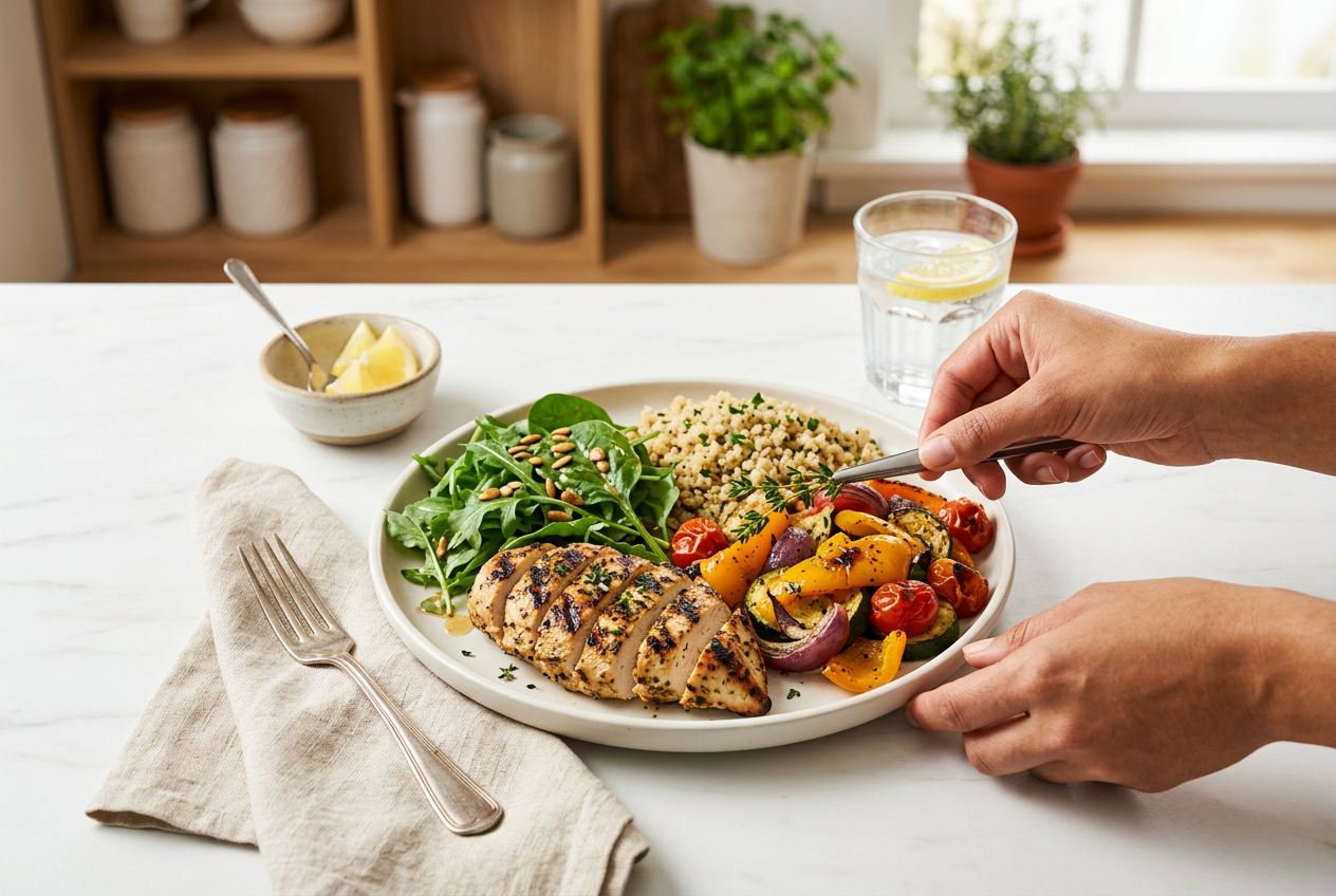 A colorful high-protein balanced meal of lean protein, vegetables and whole grains