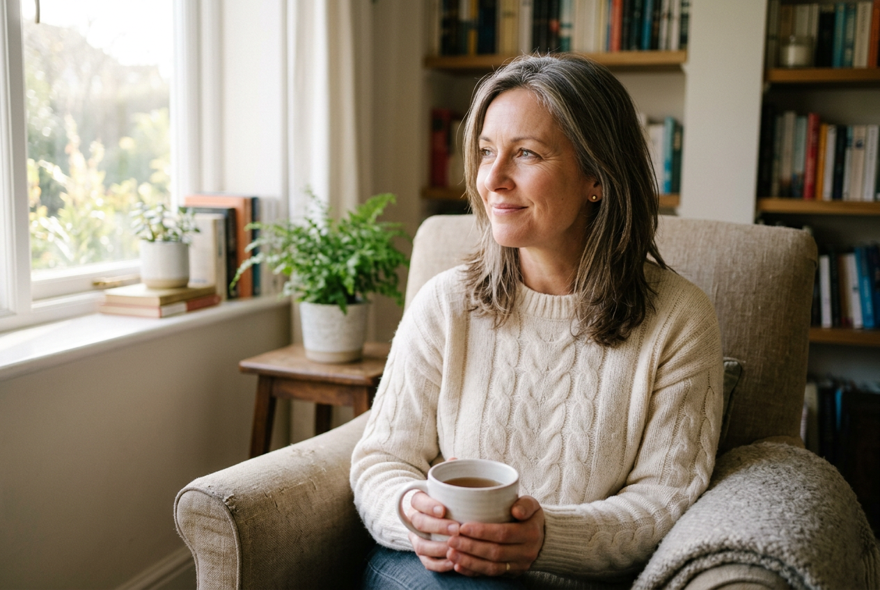 A woman reflecting hopefully with a cup of tea by a bright window